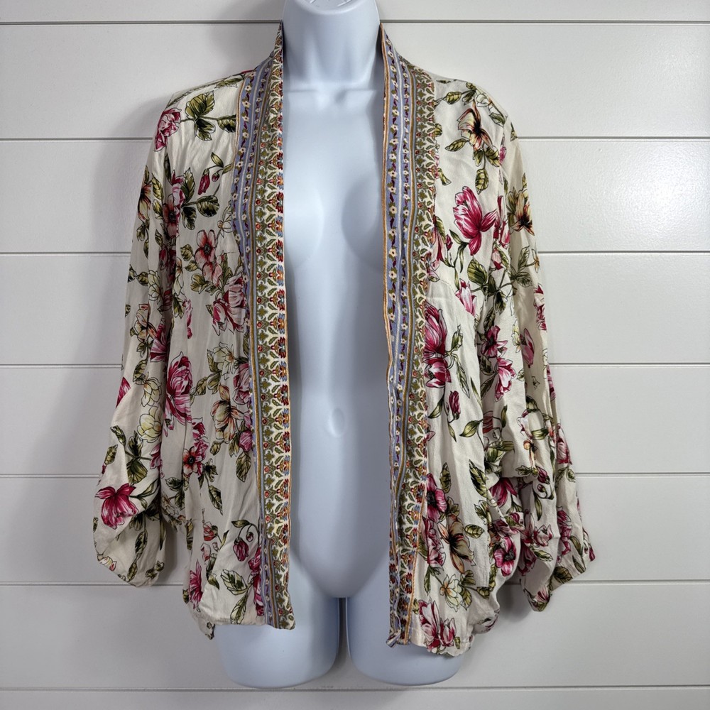 Akemi & Kin Anthropologie Idalia Open Kimono Top Floral Print White One Size