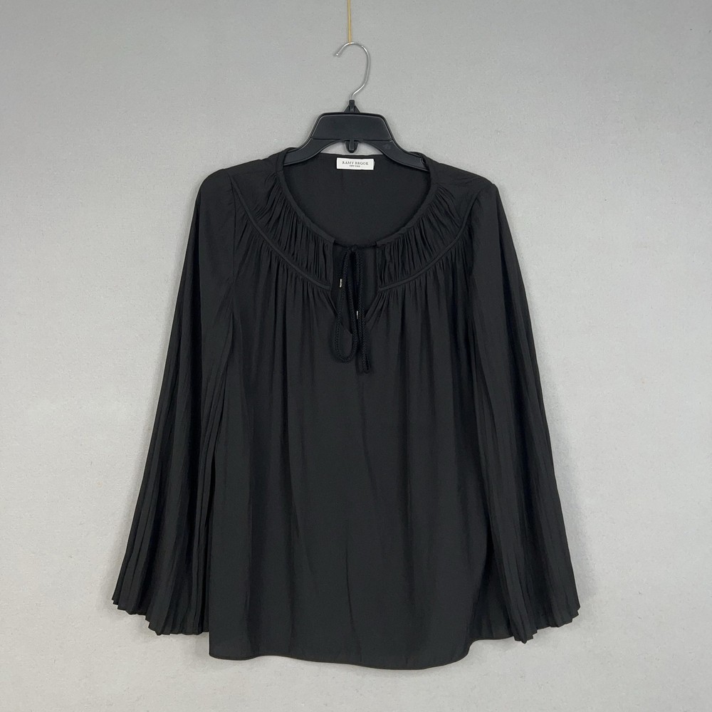 Ramy Brook Blouse Womens Large Black Pleated Bell Sleeve Peasant Tie Neck Top