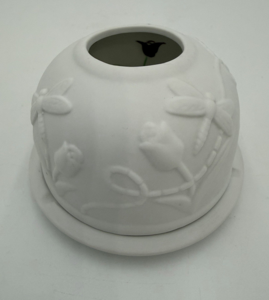 Lithophane Porcelain Dragonfly & Tulip Fairy lamp/candle holder Reverse Painted