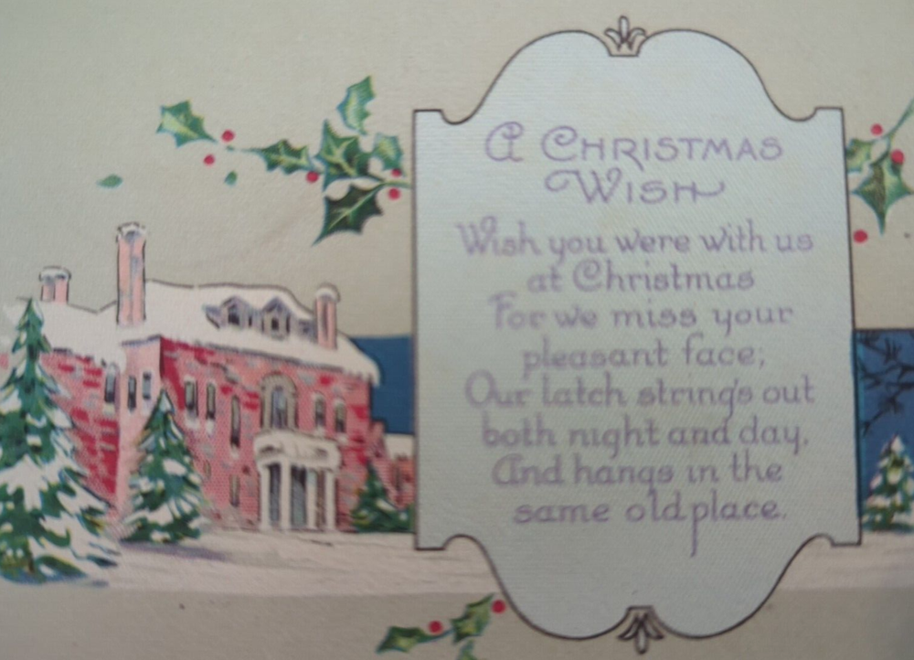 Christmas Wish Poem Red Brick House Snowy Landscape 1920 Antique Postcard