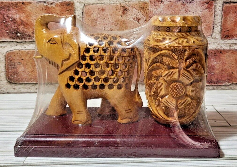 New Wooden Elephant and Vase Undercut Hand Carved Statue India Art