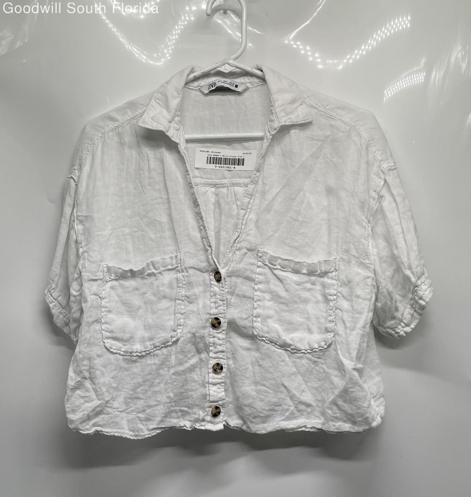 Zara Womens White Short Sleeve Cropped Blouse Top Size Large