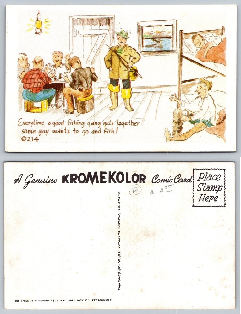 Vintage KROMEKOLOR Comic Postcard Fishing Gang Cabin Humor