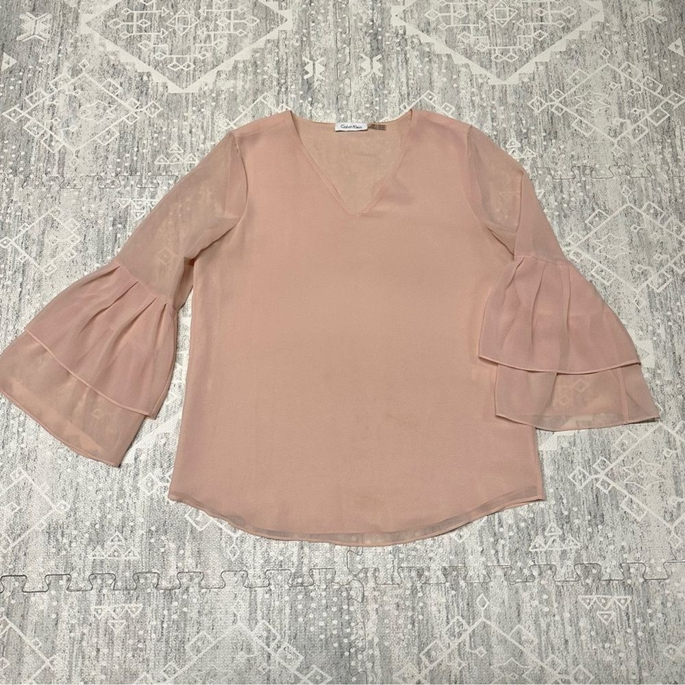 Calvin Klein Blush Pink V Neck Flounce Sleeve Office Career Blouse Top Size S