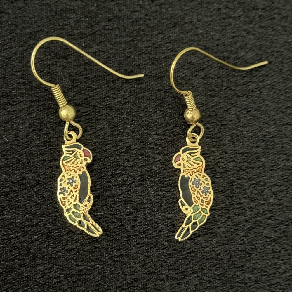 Vintage Enamel Cloisonne Parrot Bird Gold Tone Dangle Earrings
