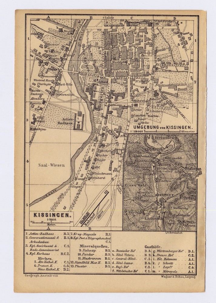 1900 Original Antique Map Of Bad Kissingen / Bayern Bavaria Germany
