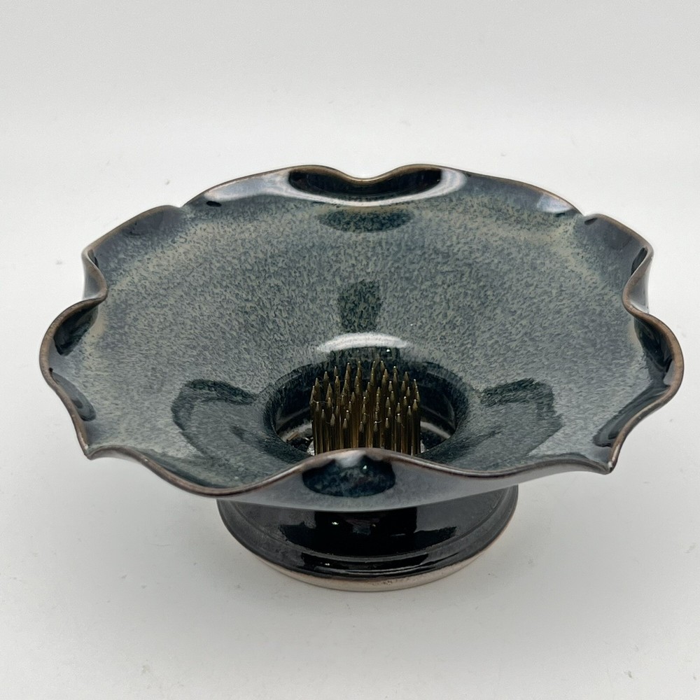 Gibby Studio Art Pottery Signed Flower Frog Bowl Centerpiec Blue Glaze 2008  5”D