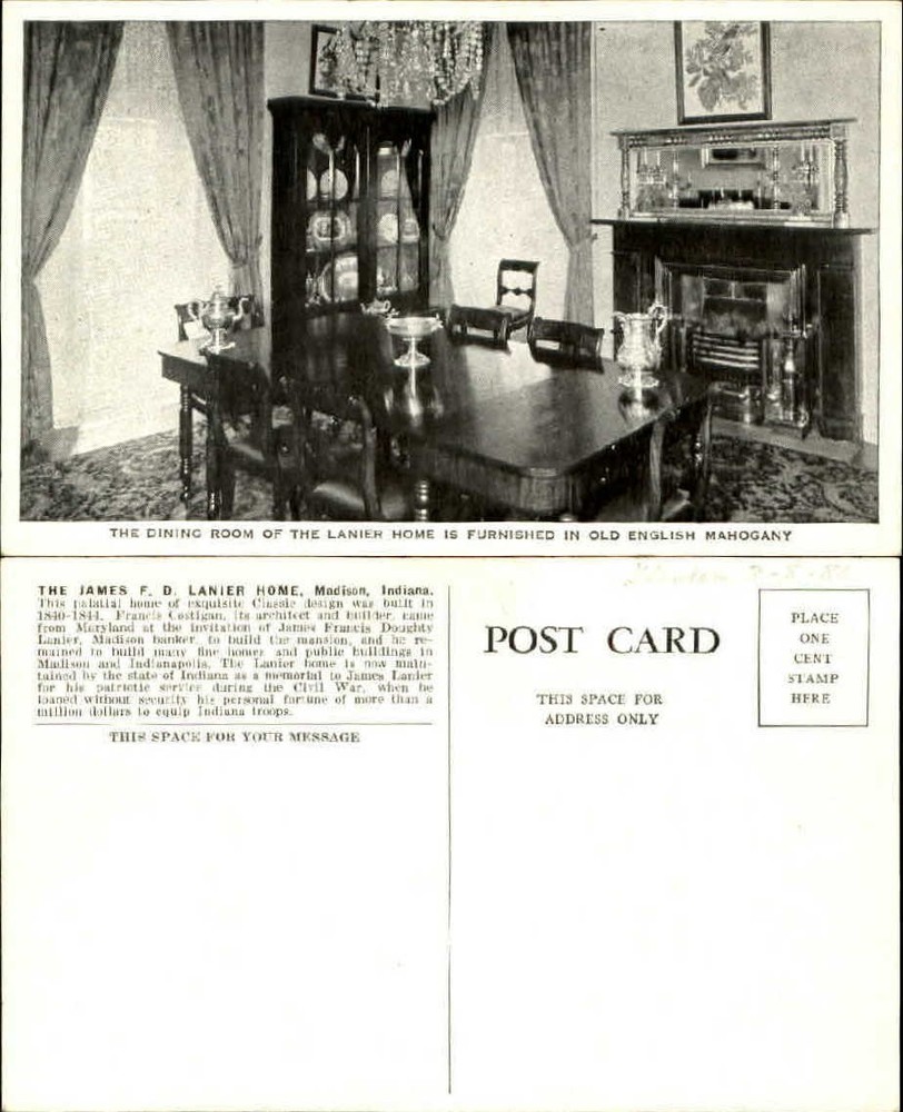 Dining Room James Lanier Home Madison IN fireplace unused vintage postcard