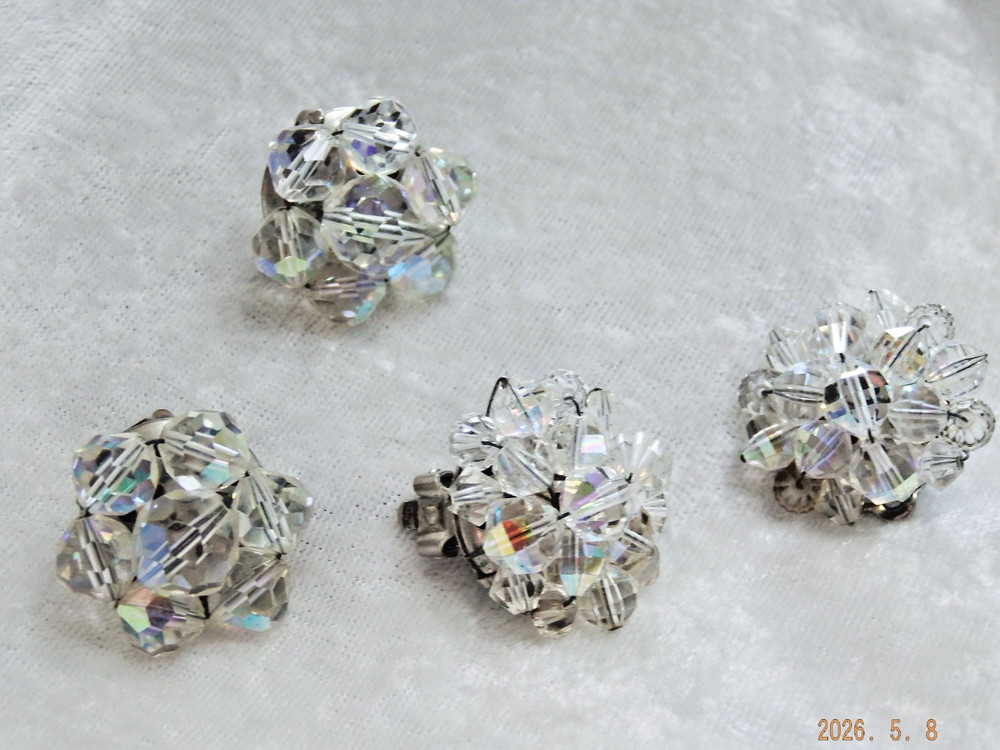 Two Pairs Of Vintage Clear Crystal Beaded Clip Back Earrings.