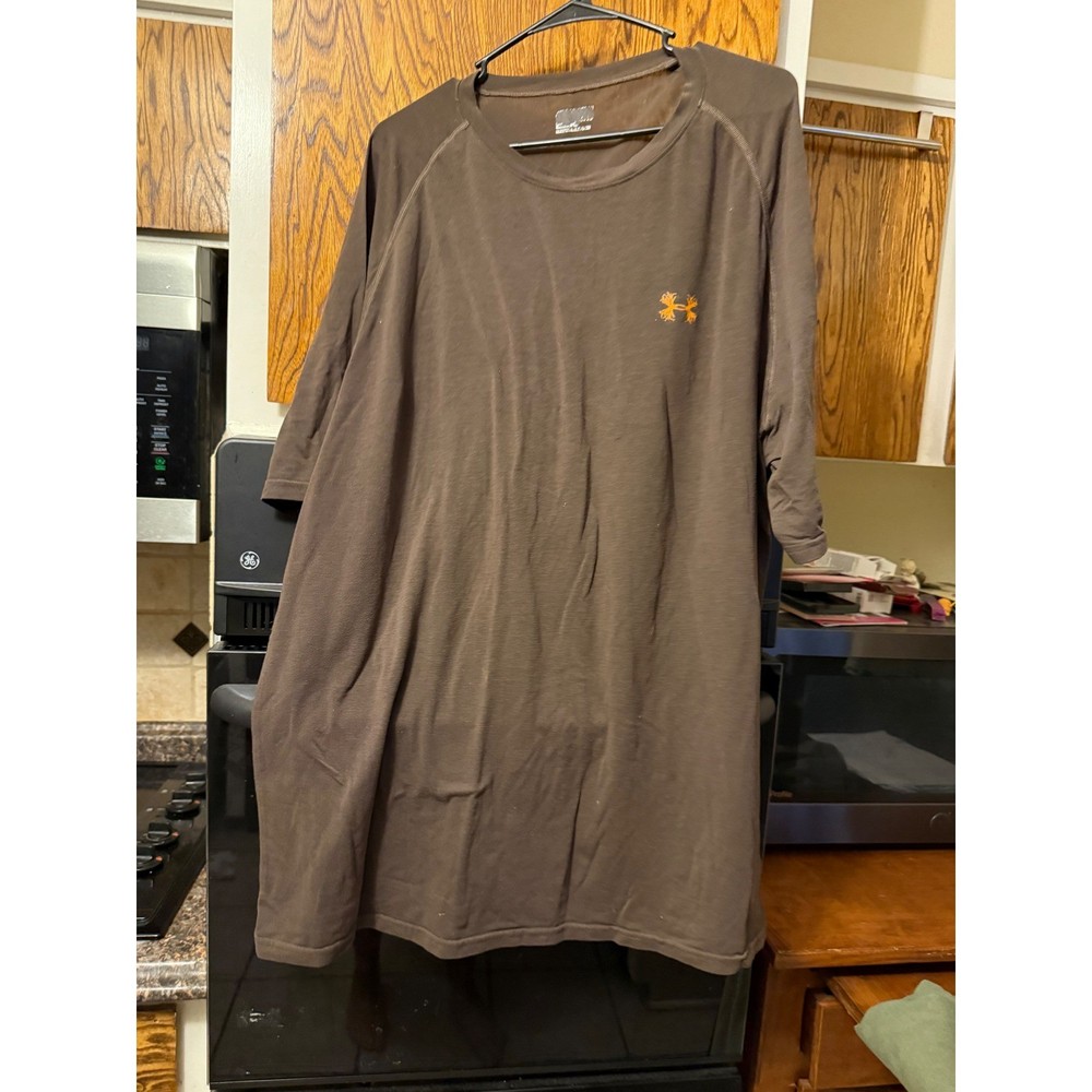Under Armour Mens HeatGear T-Shirt Brown Orange Antler Logo Short Sleeve XL