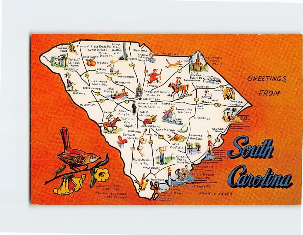 Postcard South Carolina Map & Attractions Greetings from South Carolina USA