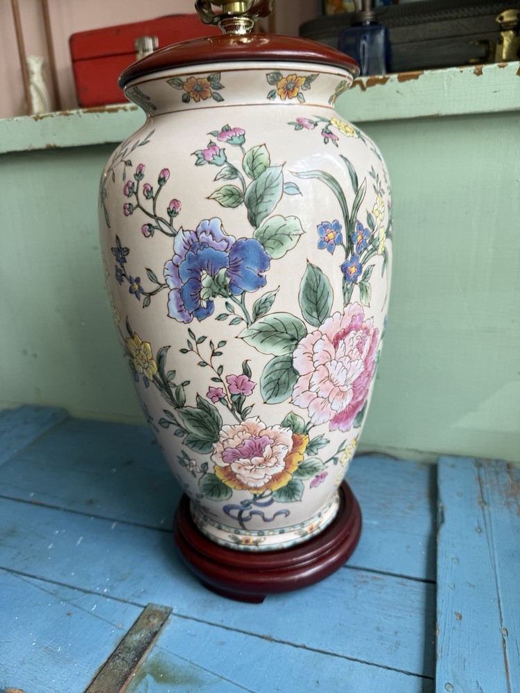 Vintage Large Asian Inspired Hand Painted Ginger Jar Table Lamp No Shade