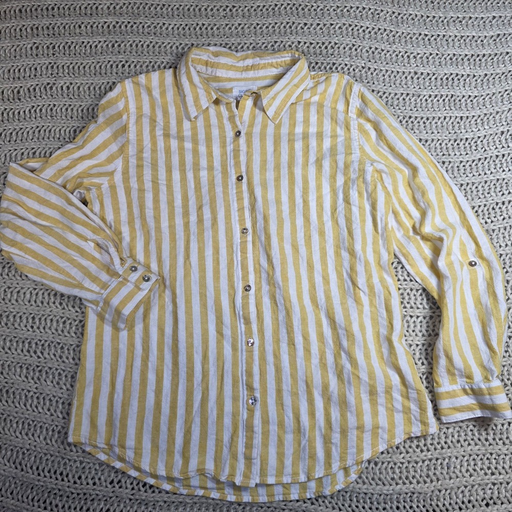 SIGRID OLSEN Size Medium Striped Linen Blend Shirt  White Yellow Coastal Beach
