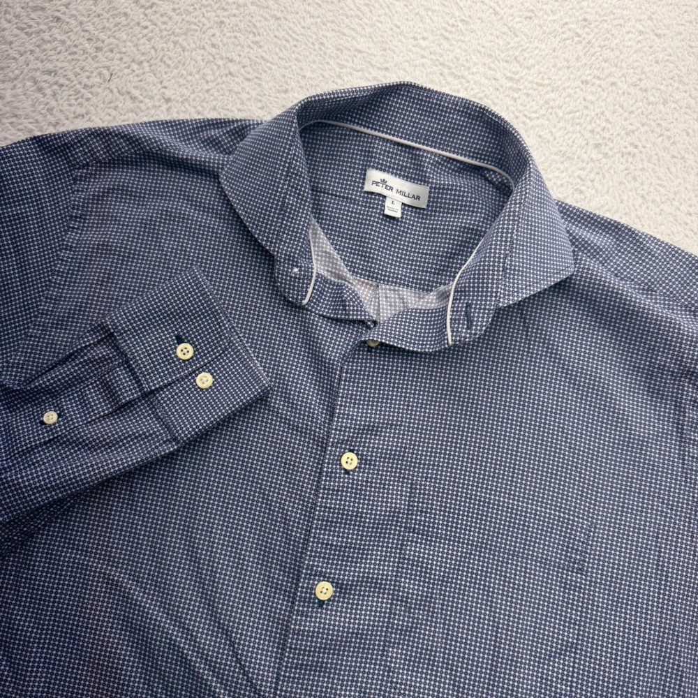 Peter Millar Mens Blue Geometric Print Button Down Shirt Large Stretch Cotton