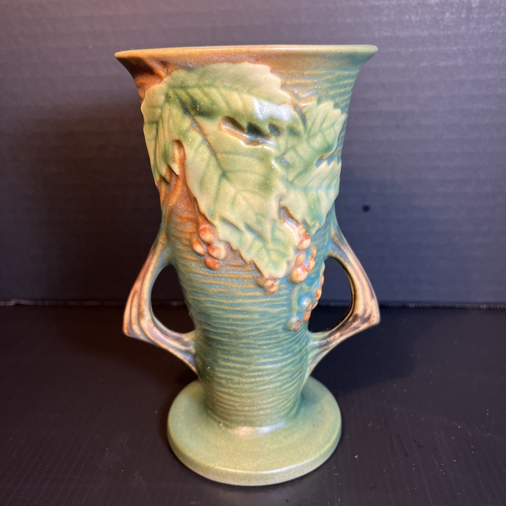 Vtg ROSEVILLE USA Art Pottery Vase Bushberry Green 30-6 Twig Handles Mission MCM