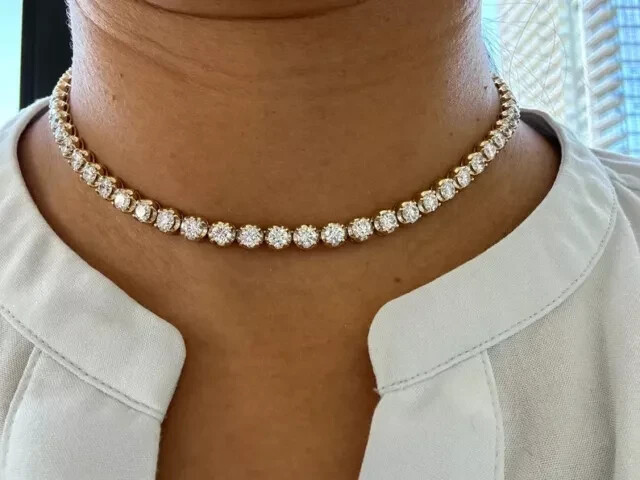 20CT Round Lab Diamond 14K Gold Plated Choker Tennis Necklace 16 Inches