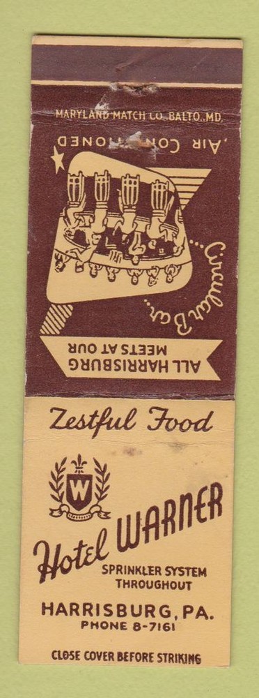Matchbook Cover - Hotel Warner Harrisburg PA