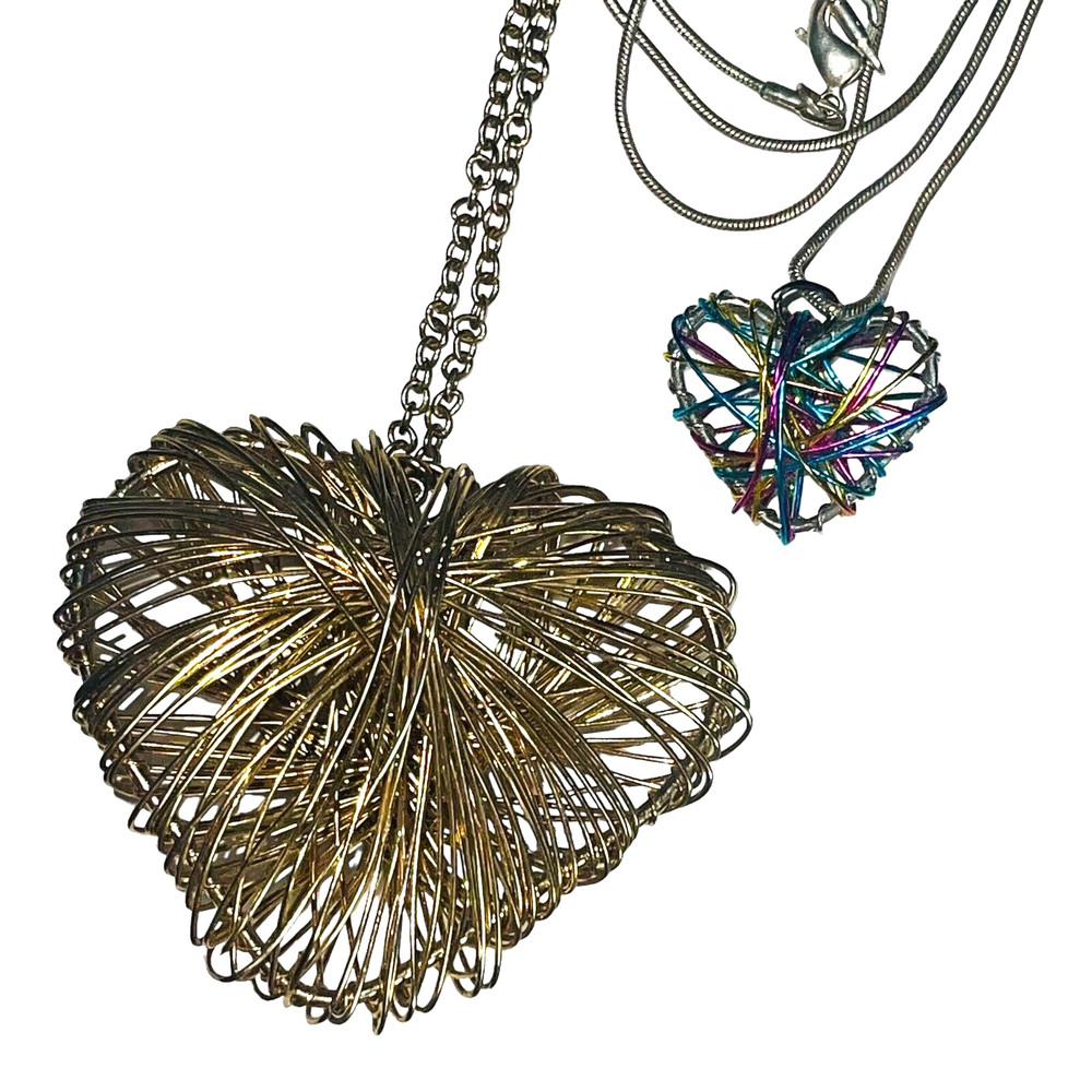 Vintage Handmade Wire Puffy Heart Pendant Necklace Lot of 2  Gold & Silver Tone