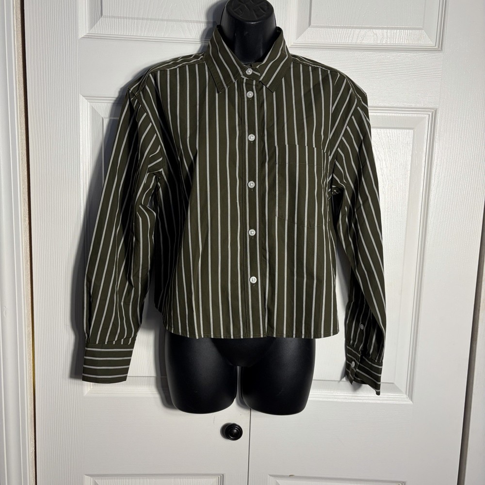 Banana Republic Cropped Poplin Shirt Women S Olive White Striped Button Up Top