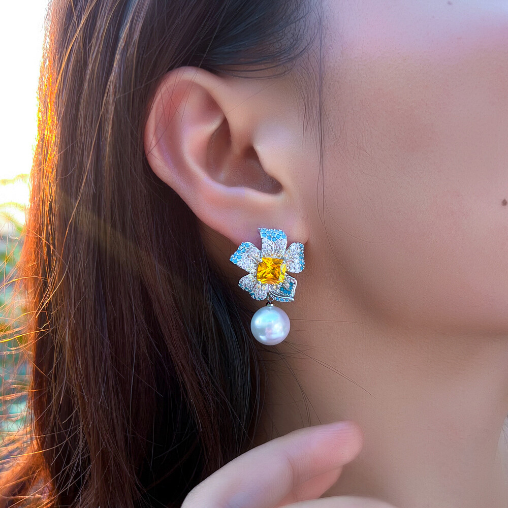 Women Silver Plated CZ Zirconia Flower Pearl Dangle Drop Earrings Bridal Jewelry