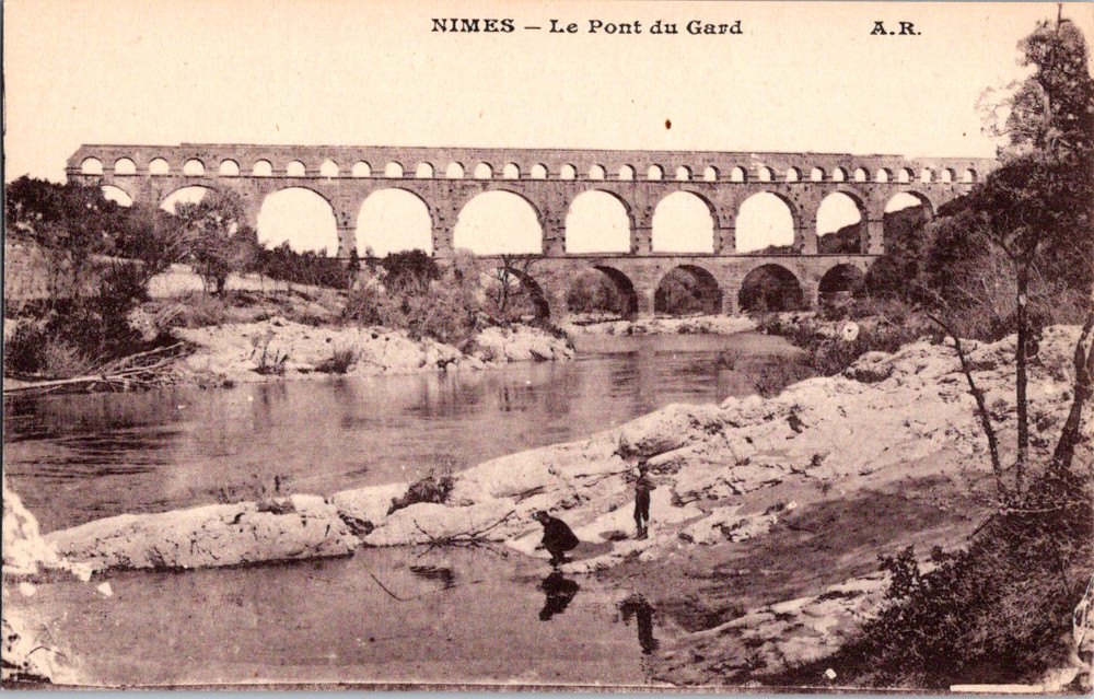 Vintage Postcard Nimes France Pont Du Gard Aqueduct Water Reflection