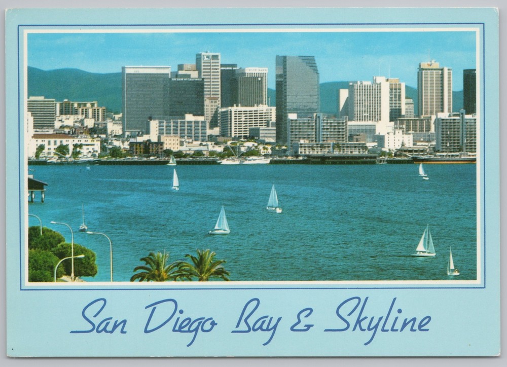 State View~San Diego California Bay & Skyline~Sailboats~Continental Postcard