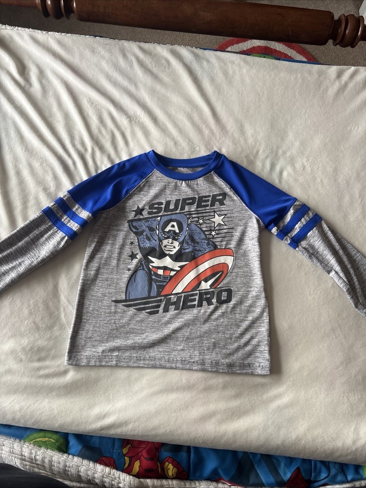 Captain America Marvel Boys Children Long Sleeve Shirt Gray Blue Active Size 6