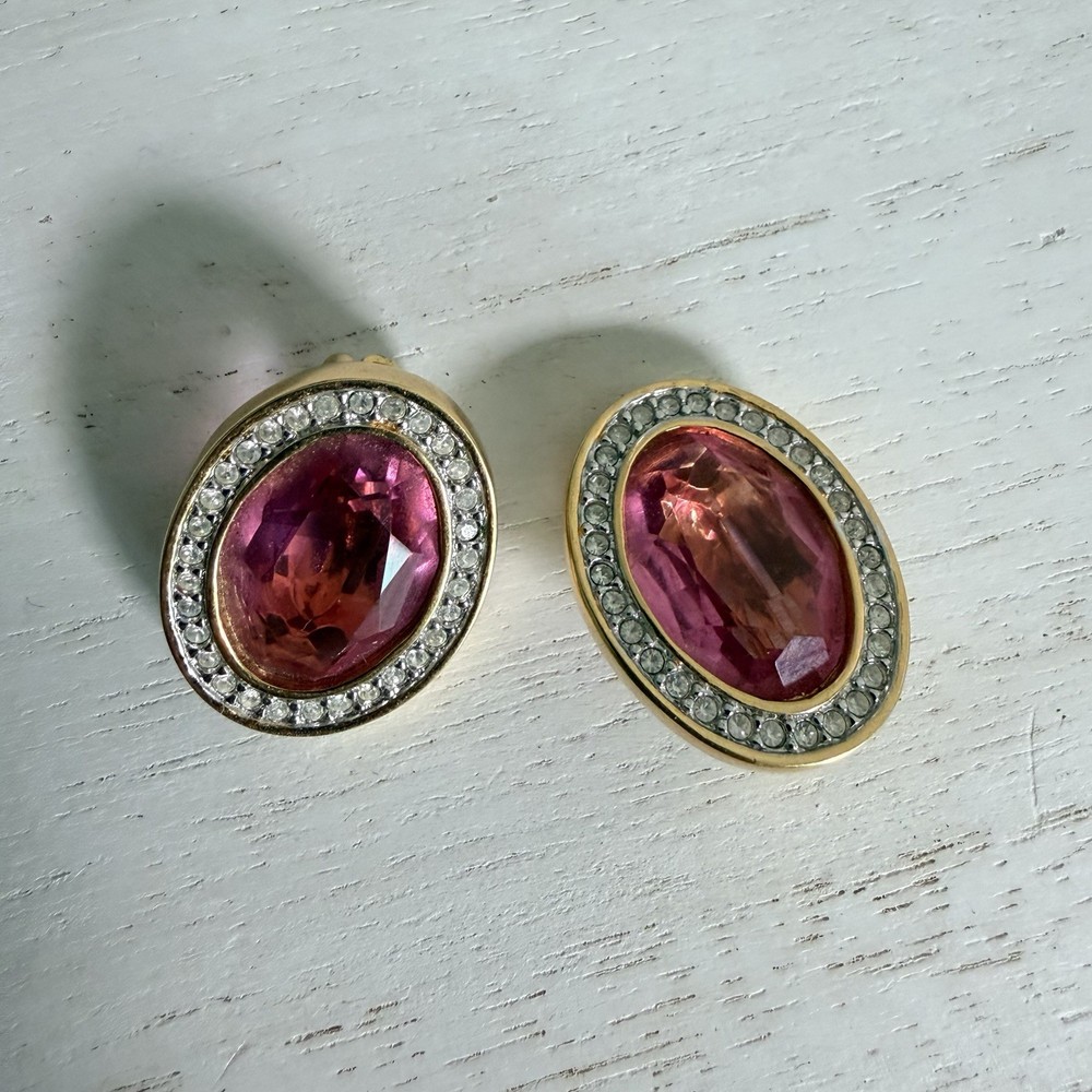 Vintage S.A.L. Pink Crystal Clip-On Earrings Gold Tone Statement