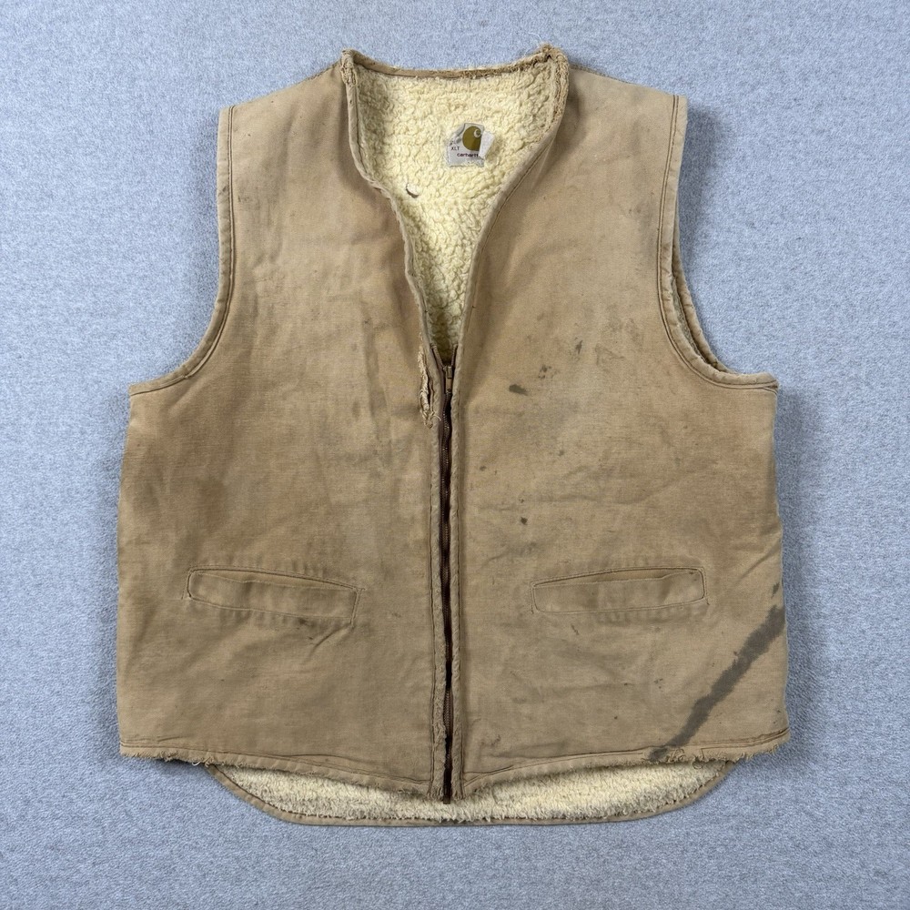 Vintage Carhartt Canvas Sherpa Lined Zip Vest Size XLT Distressed Tan