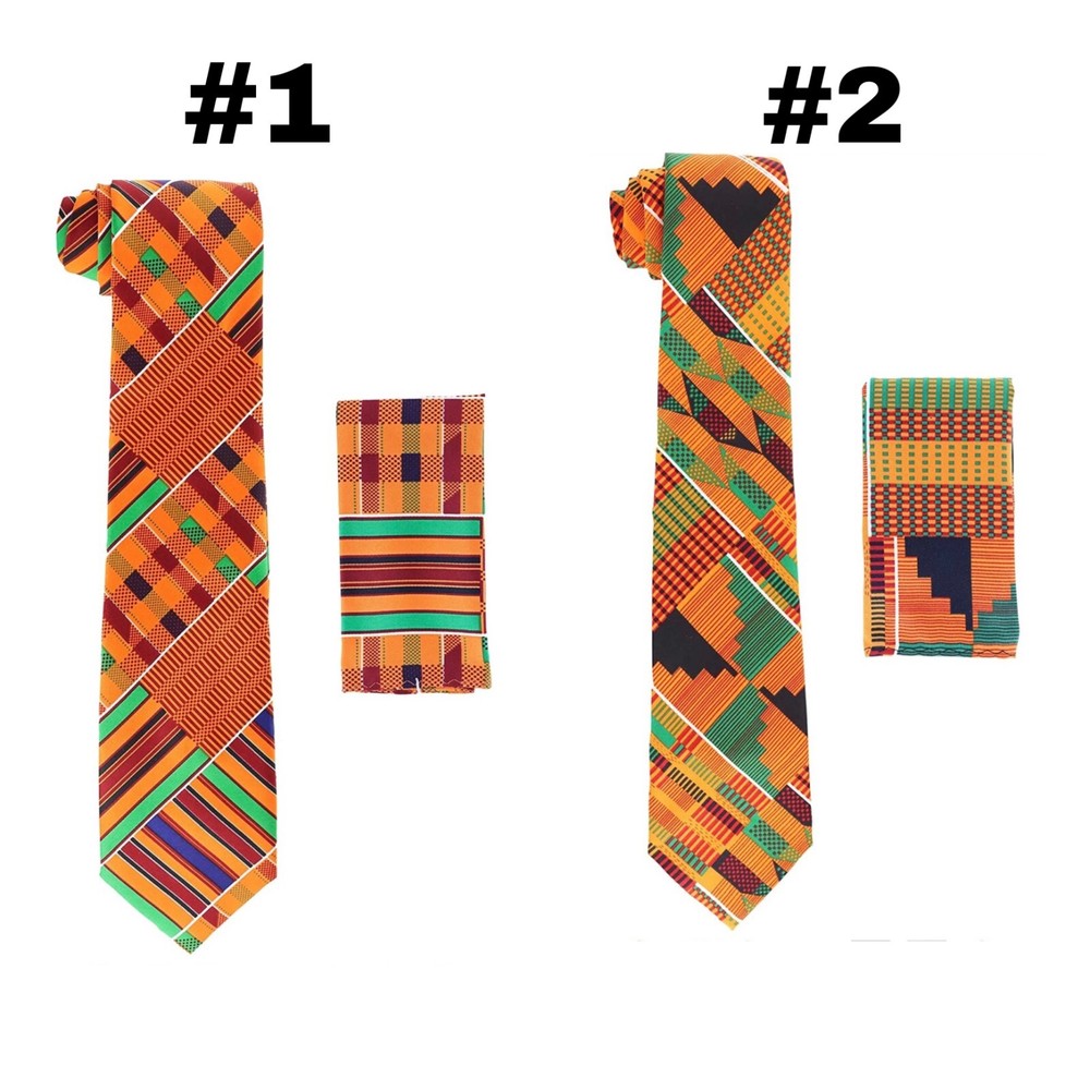 African Neck Tie & Handkerchief 100% Cotton Matching Tie & Handkerchef Set