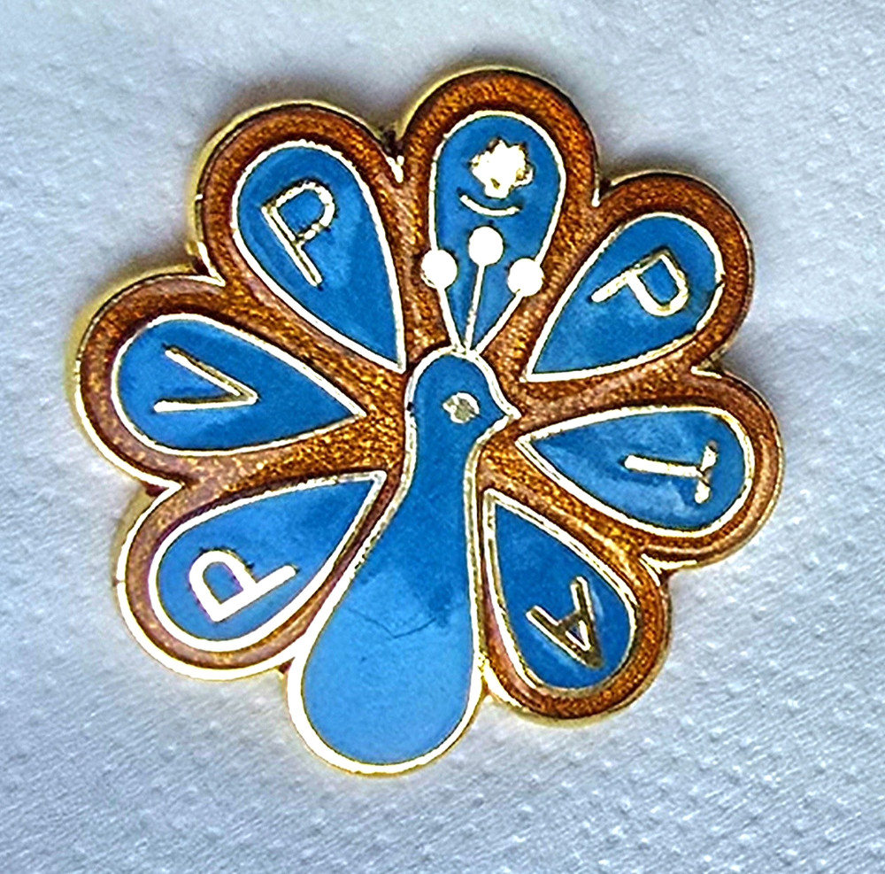 PVP PTA Peacock Lapel Pin Gold Tone w Vibrant Blue & Orange Enamels
