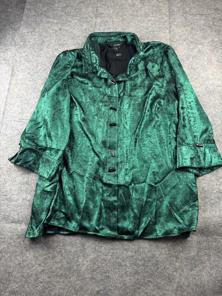 Ali Miles Womens Plus 2X Metallic Green Button Up Stand Collar Top Blouse Artsy