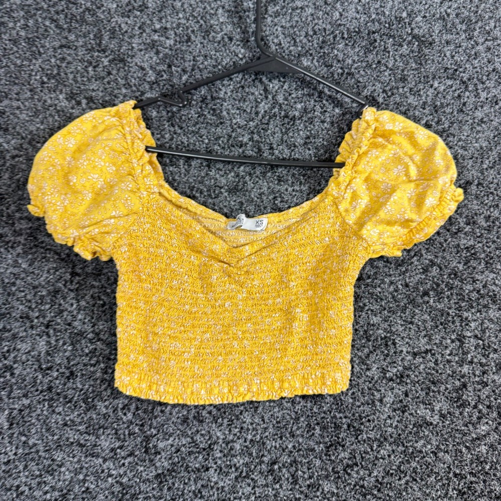 Hollister Yellow Floral Smocked Puff Sleeve Crop Top Women's XS