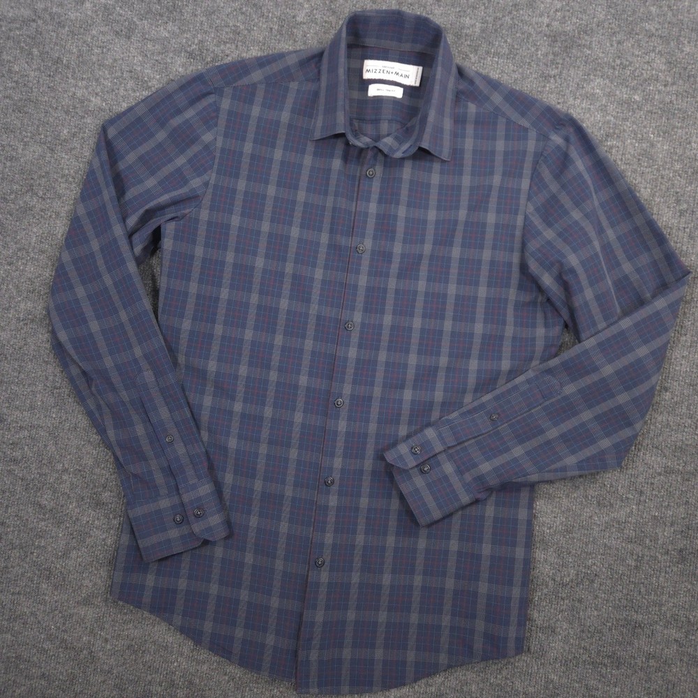 Mizzen+Main Leeward Shirt Mens Small (16-36) Blue Plaid Trim Fit Performance