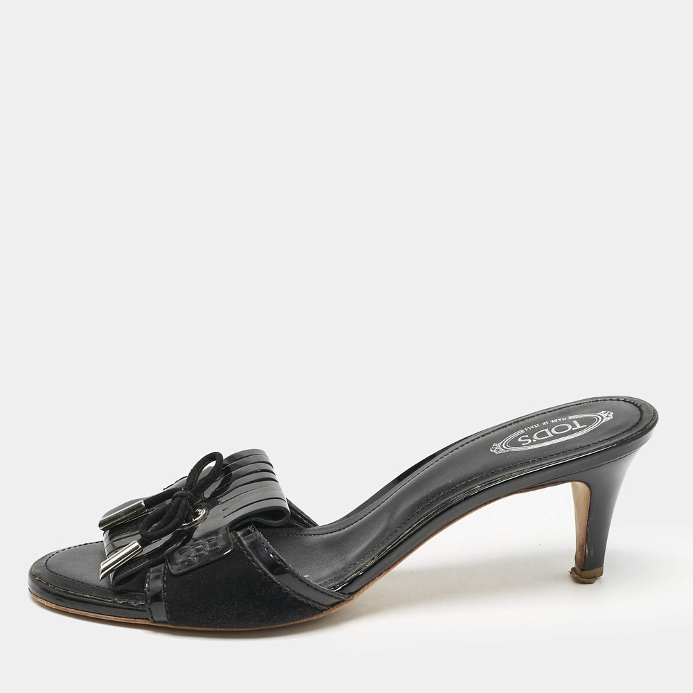 Tods Black Patent Leather Fringe Bow Slide Sandals Size 38.5