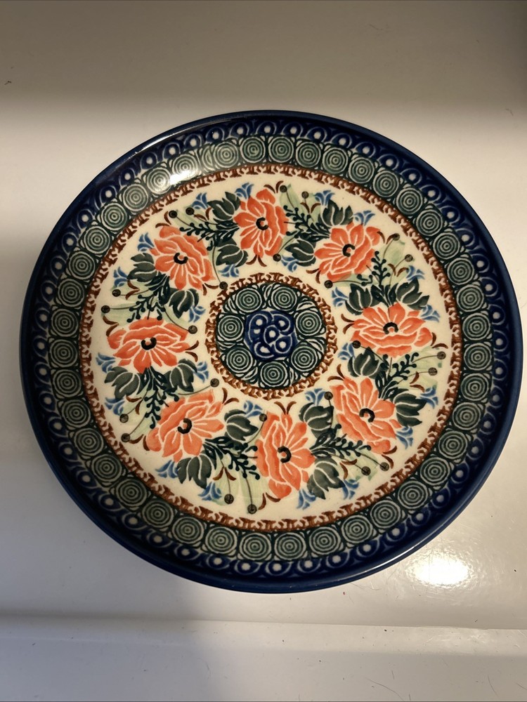 Unikat Polish Pottery 7.75 Desert Plate Hand Painted Floral Pattern