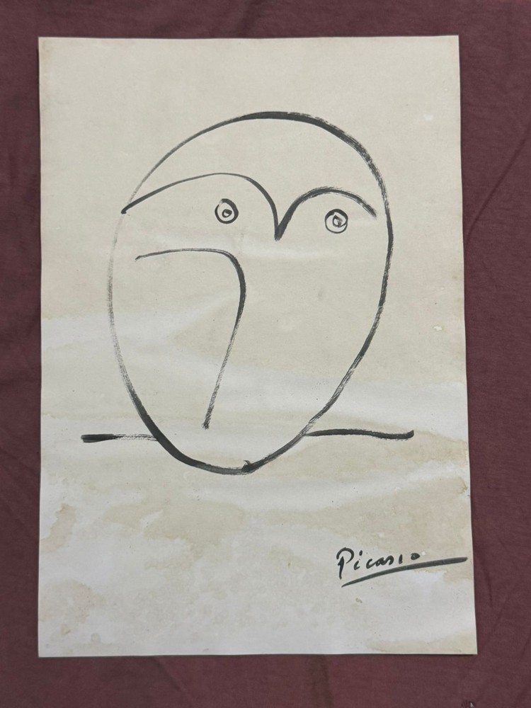 PICASSO drawing and painting on old paper signed stamped vintage