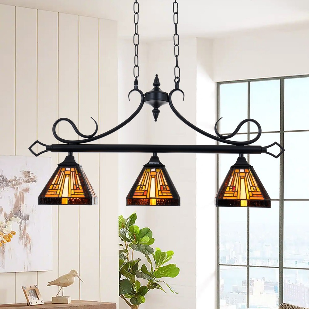 Tiffany Stained Glass Ceiling Pendant Light Fixture Vintage 3-light Hanging Lamp