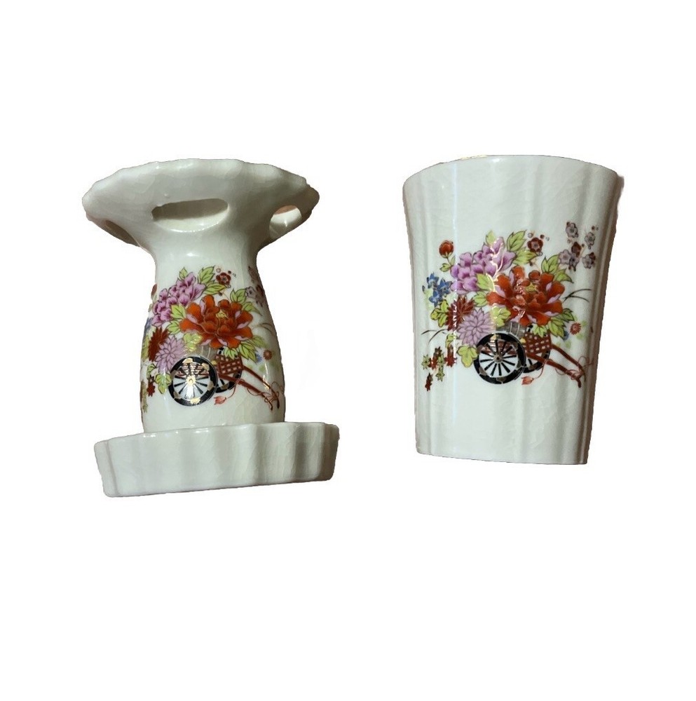 Japan Pottery Art Toothbrush Holder and Cup Cart Of Flowers Design