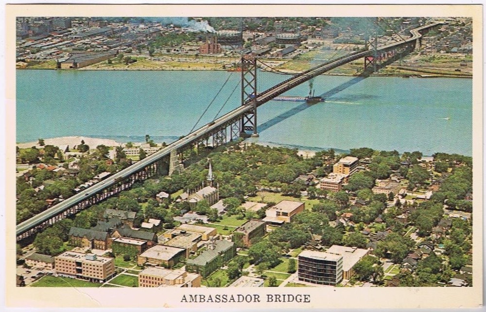 Postcard Ambassador Bridge Detroit Michigan Windsor Ontario