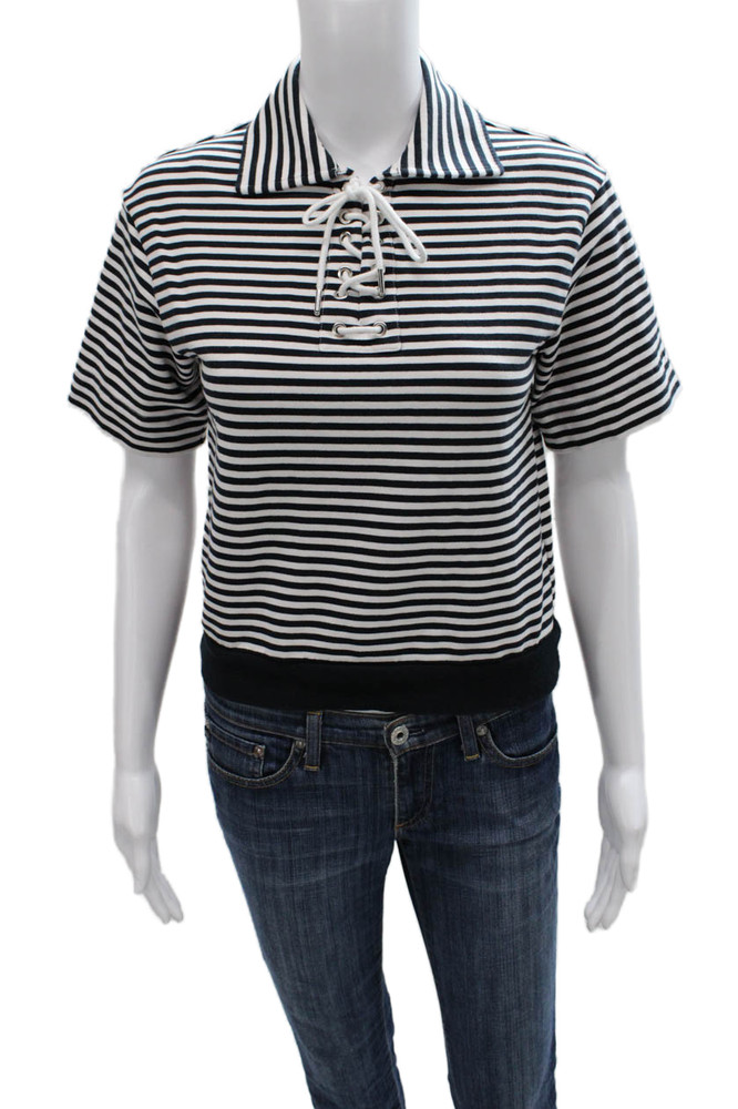 La Ligne Women Cropped Striped Collared Polo Short Sleeve Black Size 0Free Shipping in US $100+ Orders | $6.95 Orders Below