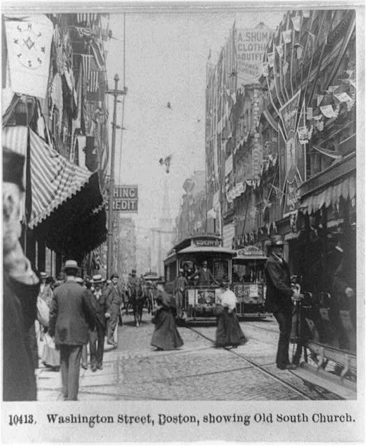 Washington Street,Boston,Massachusetts,Old South Church,c1895,Streetcars