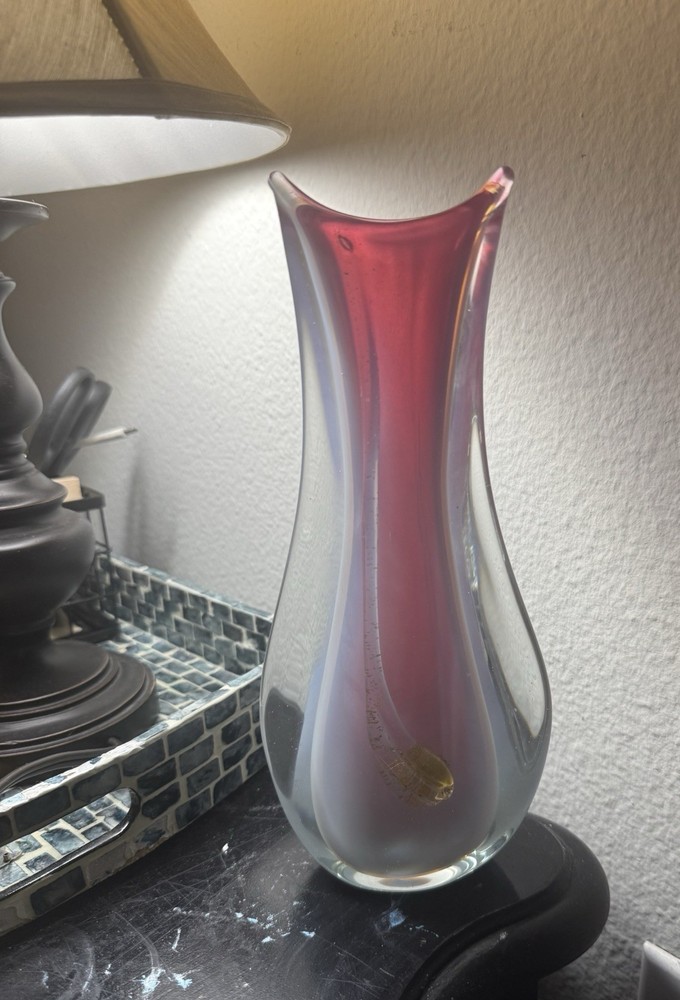 Vintage Murano Art Glass Hand Blown Decorative Vase Pink White Clear Venice