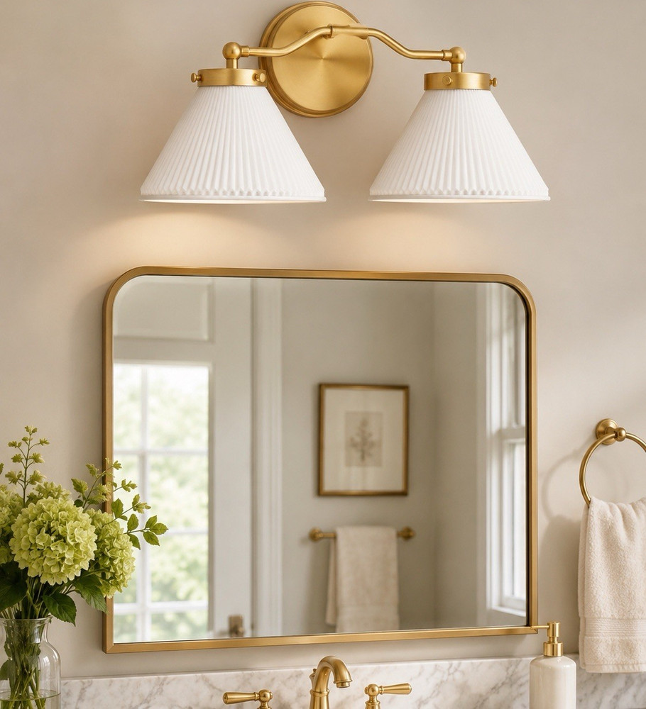 Hearth & Hand Magnolia Reeded Milk Glass 2-Bulb Vanity Wall Sconce Brass
