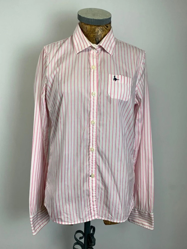 JACK WILLS BLOUSE SHIRT 12 WHITE PINK Striped Long Sleeves Button Up Collared