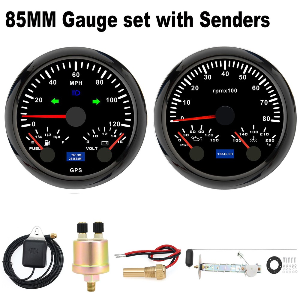 85mm GPS Speedometer 0-120MPH with Fuel Gauge Volt Tacho Oil Water Temp Sensors
