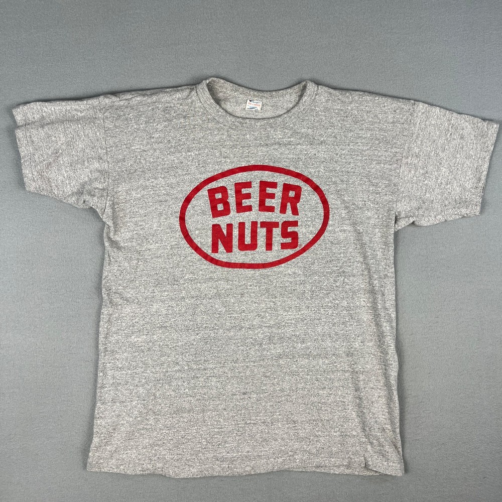 VTG Beer Nuts Brand Snacks Champion T Shirt Fits Medium Gray 1980s Made in USA