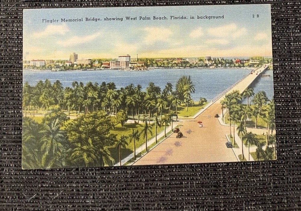 Linen Postcard Palm Beach, FL~ Flagler Memorial Bridge Showing West Palm Beach