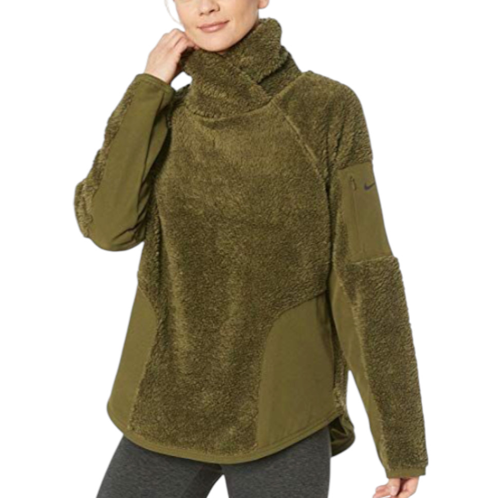 NIKE SHERPA PULLOVER Sweatshirt Sweater DARK OLIVE GREEN Mock Neck Pockets M