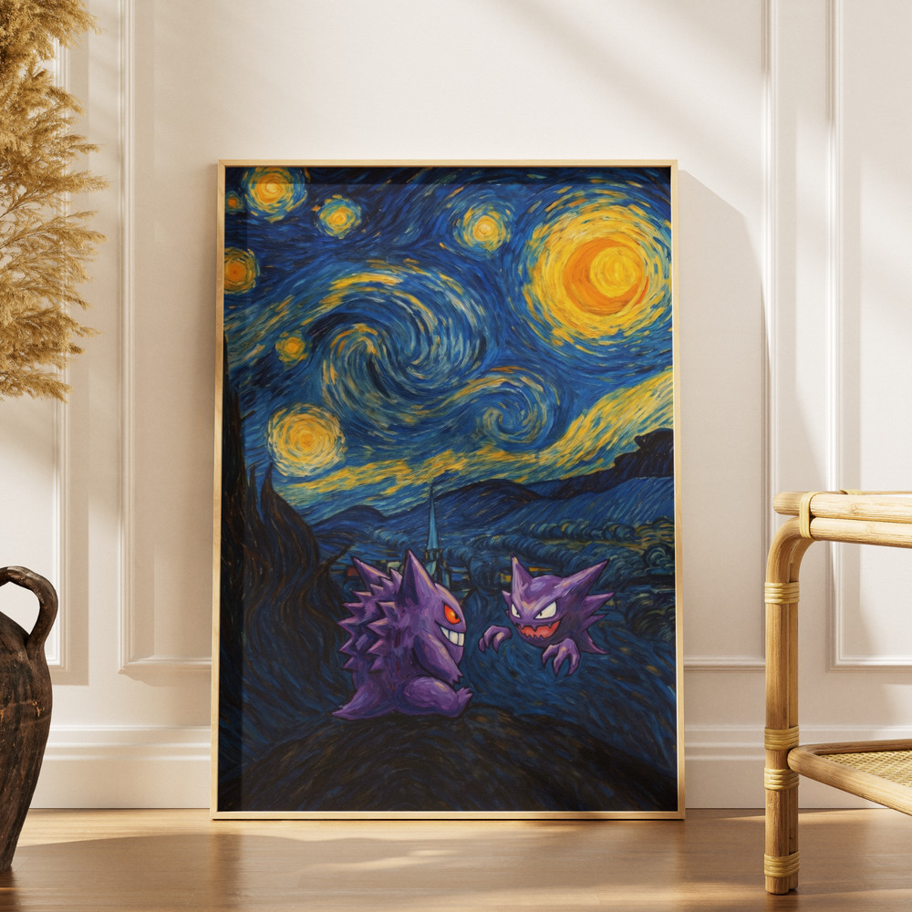Gengar Haunter Starry Night Poster Van Gogh Canvas Gaming Anime Wall Art